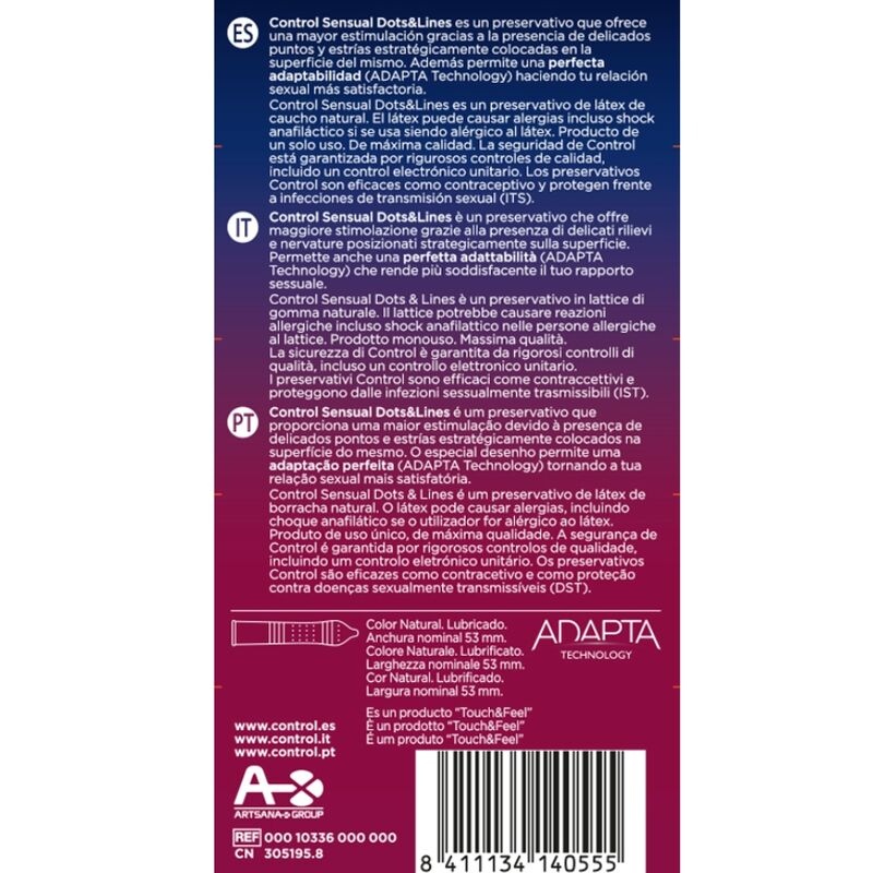 CONTROL Textured latex condoms Dots and Lines 54 mm – 12 units