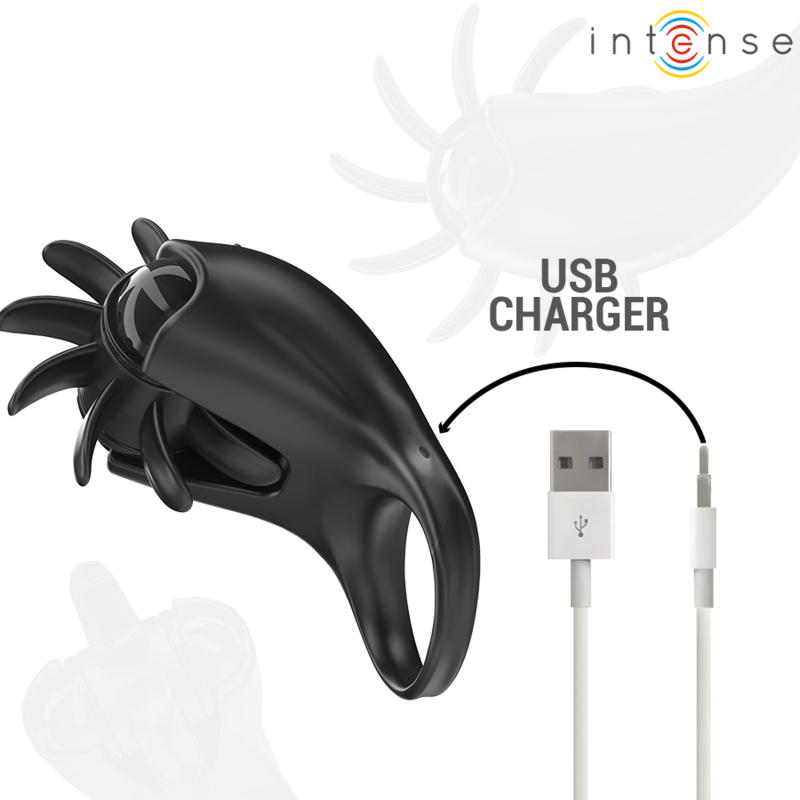 Mabel Vibrating Ring with Clitoral Stimulator Black - 10 Modes - INTENSE