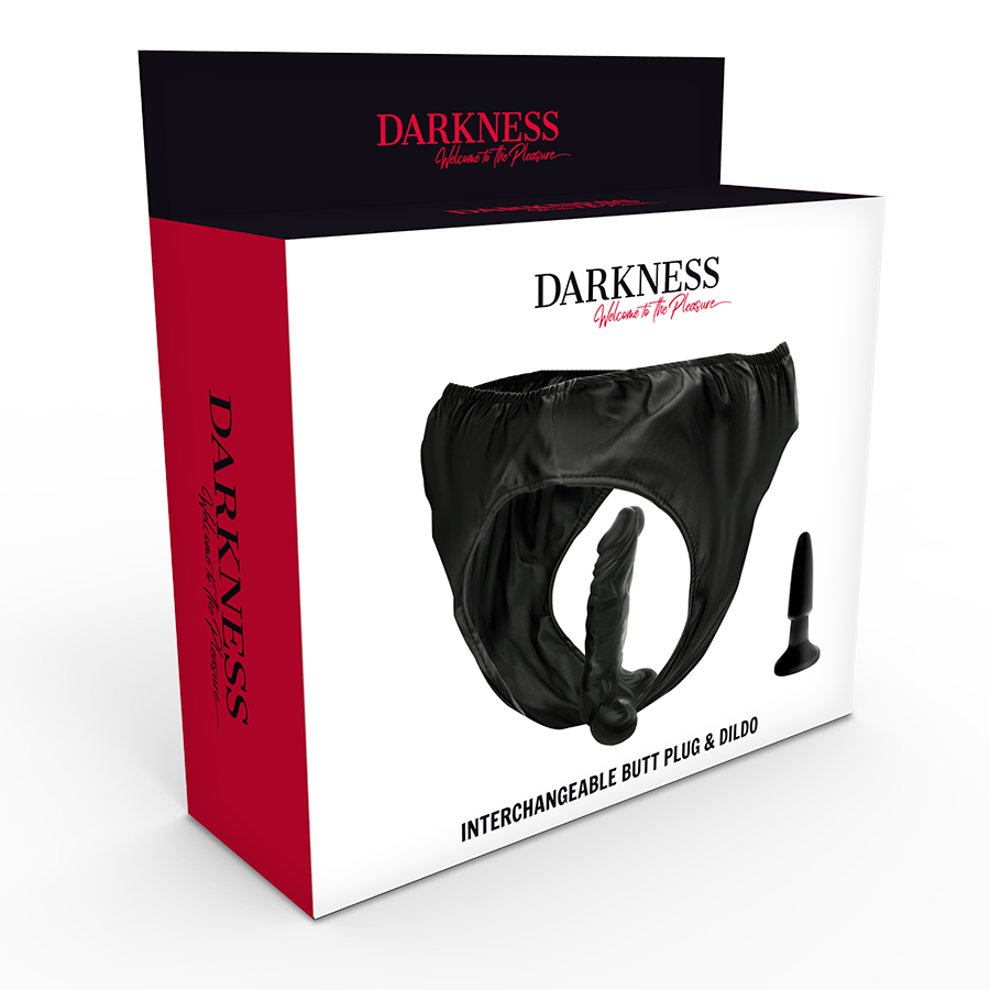 Panties with Plug and Interchangeable Dildo – One Size PU Leather by Darkness